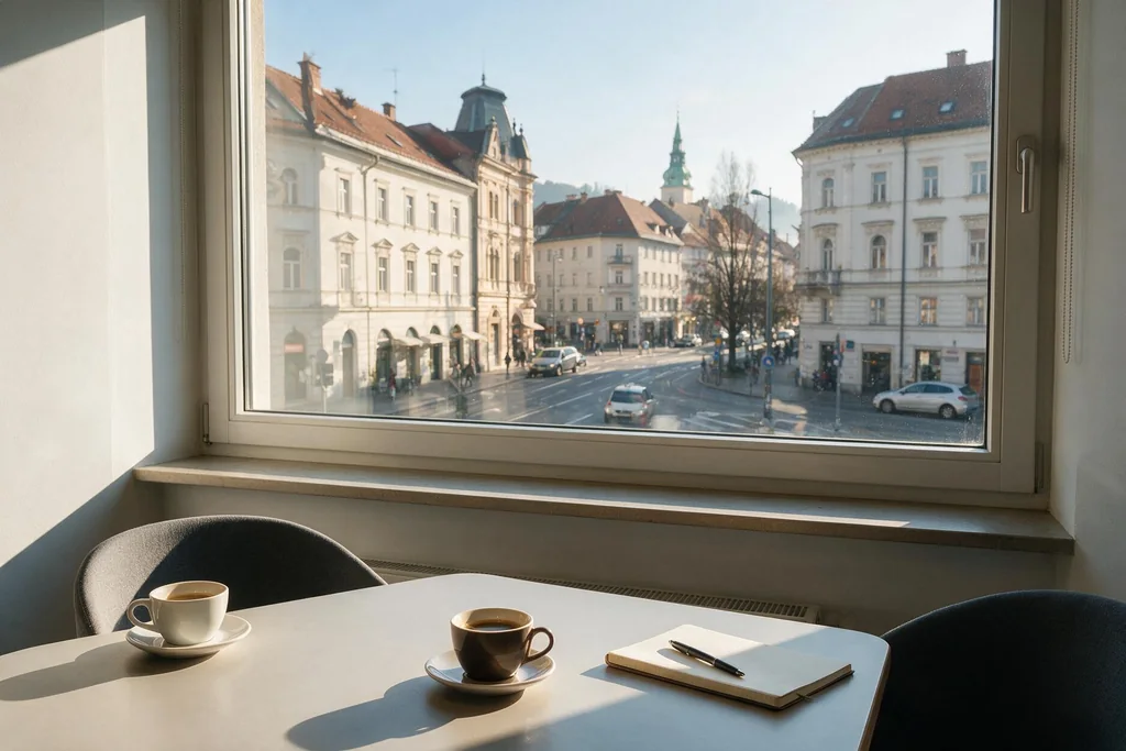 Fotografija: svetel poslovni prostor s pogledom na Ljubljano
